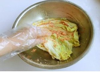 韩国泡菜,带上手套，将辣椒糊均匀的抹在白菜上，每一片都要抹匀;