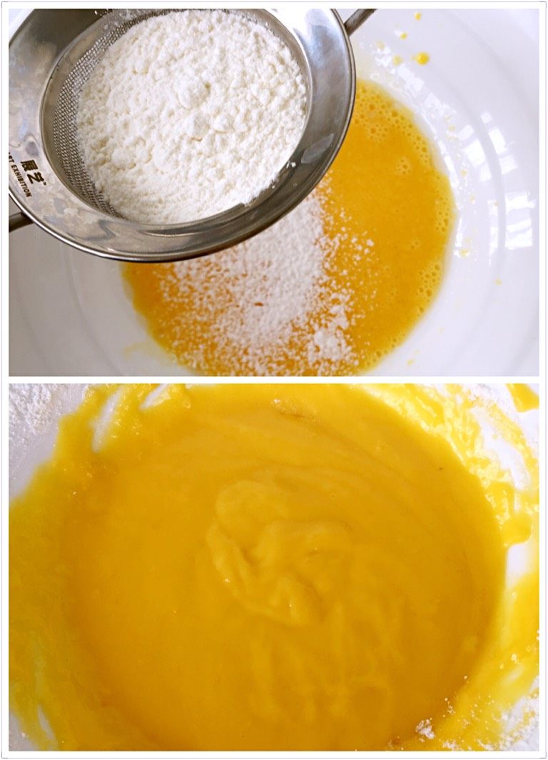 六寸心形戚风,如图蛋奶油搅拌均匀后 筛入面粉，搅拌均匀
