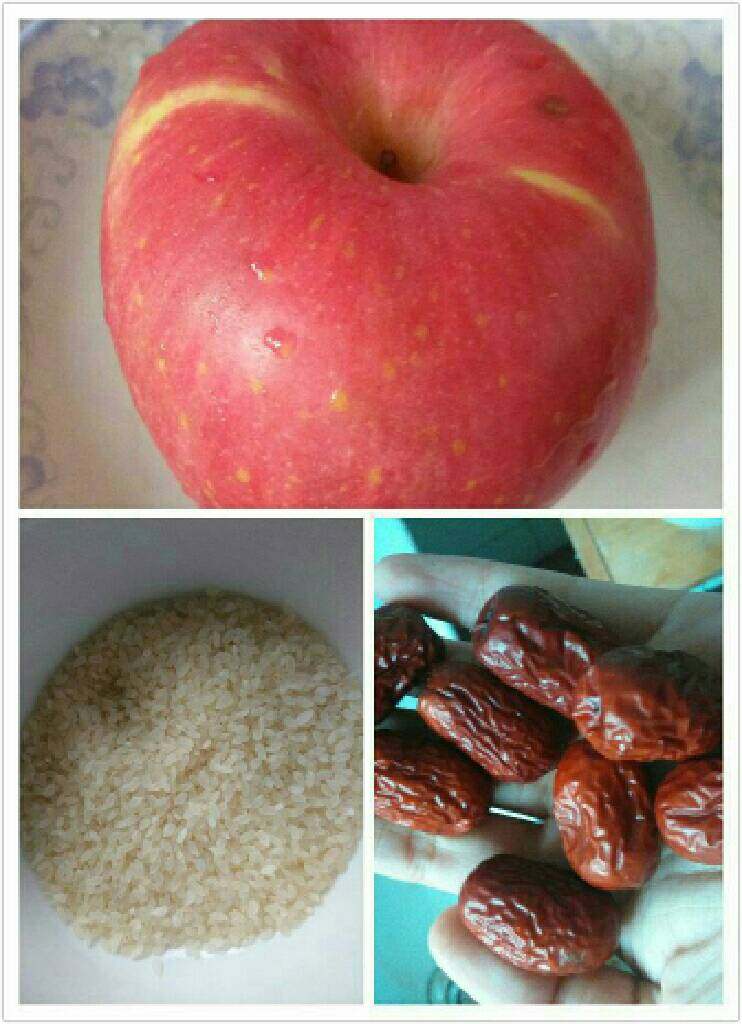 红枣苹果粥,首先准备所需材料：
苹果，
大米，
红枣。
