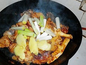 飘香鸡肉火锅,放入葱段和姜片