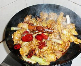 飘香鸡肉火锅,将大块调料放入锅中