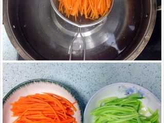 越南春卷,如图：煮一锅开水，加适量盐、油。把红萝卜、黄瓜丝汆一下，捞起。