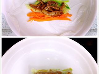 越南春卷,如图：把泡软的春卷皮摊在一圆盘上，码入全部菜丝，包好卷起。