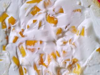 巧克力黄桃花型蛋糕,将一层蛋糕坯上涂上奶油， 再放入适量黄桃。