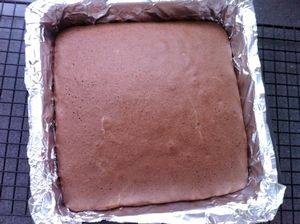 巧克力海绵蛋糕（分蛋法）,可以用牙签插入蛋糕体，抽出的牙签上没有湿的面糊就表示蛋糕熟透，取出
