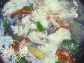 西红柿鸡蛋汤,转圈慢慢倒入汤中。迅速关火。此时一定记得不要搅动汤了，等余温把鸡蛋烫熟.利用间隙你可以放黑胡椒粉、香油等调味品。