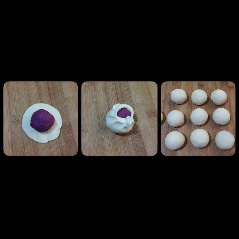 紫薯花朵馒头,把白色小面团压扁，放上紫色小面团，把紫色小面团包在里面，收口捏紧，滚圆