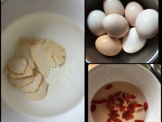 冬日养胃汤,把参片用温水泡一小碗，土鸡蛋准备好。枸杞洗干净。备用。