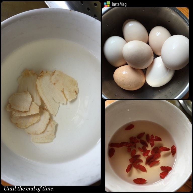 冬日养胃汤,把参片用温水泡一小碗，土鸡蛋准备好。枸杞洗干净。备用。