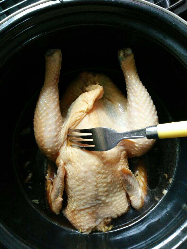 可乐烤全鸡,然后把整个鸡放进去泡着。过程多翻到。多用钗子帮助鸡入味。大概腌制6小时左右