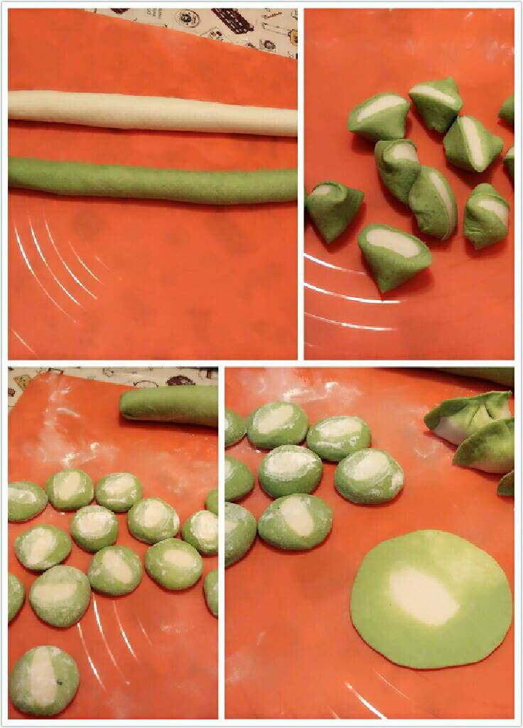 翡翠菠菜饺,两份面团揉成长条，绿色擀成长方形使其包裹住白色并捏好连接处，不要有缝隙，（忘记拍这部分照片了，大家自行斟酌吧），切成等大剂子，压扁，擀圆