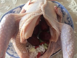 西洋参鸡汤,如图用线把鸡肚子缝合，把红枣、糯米、西洋参等装入鸡肚子！