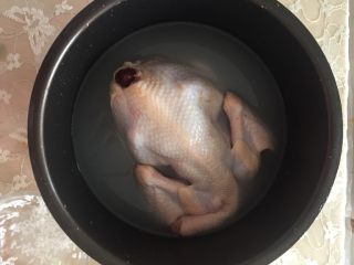 西洋参鸡汤,如图，电压力锅中放入水，下全鸡炖煮一小时。
