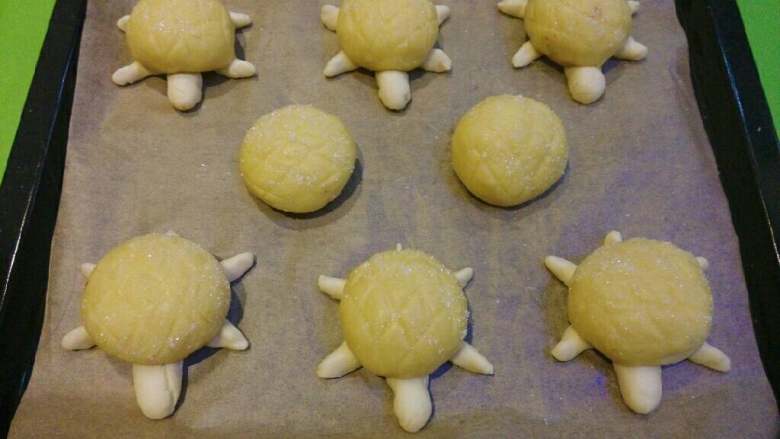 小乌龟菠萝包,用红豆做成小乌龟的眼睛，也可以最后出炉后用融化的巧克力画眼睛和嘴巴。我故意做了两个不是小乌龟形状的菠萝包。放温暖的地方二次发酵成1.5~2倍发现即可。