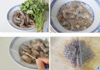 香菜虾滑汤,虾去头去壳;用牙签挑出虾的肠泥;剁成泥