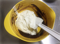 巧克力覆盆子鲜奶油蛋糕,融化顺滑的巧克力无需降温，加入剩余打发奶油，搅拌均匀。