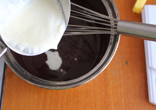 圣诞巧克力蛋糕,淡奶油慢慢加入黑巧中，边倒边搅拌。搅拌至乳化。