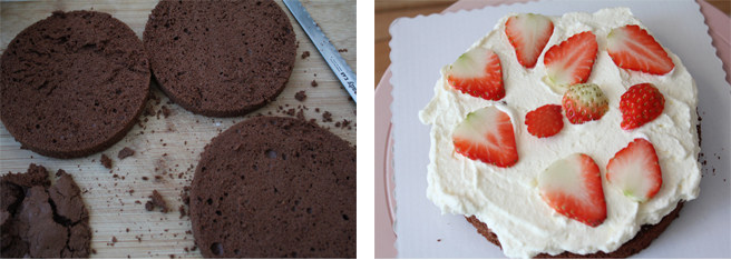 圣诞巧克力蛋糕,把蛋糕分成3份。每层都抹上巧克力奶油，放上草莓。