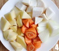 奶油炖菜,将土豆、蘑菇、洋葱、胡萝卜分别洗净，切块