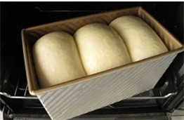 北海道中种吐司 ,启动烤箱的发酵功能，模具旁边放一碗水，保证烤箱内是湿热的状态，进行面包发酵。发至接近满膜即可。