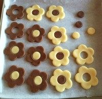 双色花朵饼干,把双色面团各擀成厚度为0.3cm的面皮，用花型模压出形状，用小圆饼模压出花型。把压出的花朵放进烤盘，两种颜色的花心对调