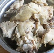 清炖鸡腿锅,煮过的鸡腿块捞出，用温水清洗去脏物。