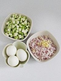 黑椒肉燥饭,西葫芦去瓤后切成1cm见方的丁；鸡蛋煮熟后剥皮；红葱头和姜切成末。