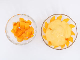 芒果慕斯杯,剩余芒果切成片状或丁状，均匀铺在杯壁周围，这样奶油糊倒入后不会把水果完全淹没，透过玻璃能看见水果，比较好看。
