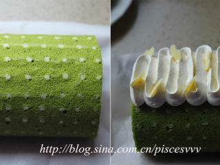 ~水玉抹茶夹心蛋糕卷~一抹清新绿,24、定型后切去蛋糕卷边缘不平整的部分；
25、表面按喜好装饰即可。