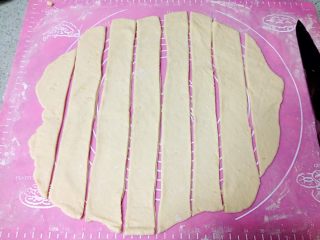芝士火腿手撕面包,把发酵好的面团取出排气，擀成约3毫米厚的面片，切成约3厘米宽的长条。