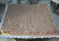 立体龙猫奶油生日蛋糕,烤盘蛋糕上涂一层巧克力奶油。