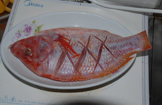 干烧福寿鱼,<a style='color:red;display:inline-block;' href='/shicai/ 1207'>福寿鱼</a>一条（婆婆买到变种的了）洗净，鱼身两面切花刀，抹盐腌制。