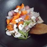 红酒烩牛肉,炒到洋葱变成透明时加入胡萝卜，芹菜，蘑菇，继续炒3分钟。