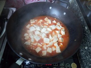番茄豆腐,然后加入温水，温水没过豆腐即可，大火煮开后转小火炖煮。