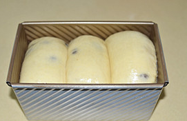 5℃冰种奶油葡萄干吐司,发酵至模具九分满时，表面刷上稀蛋液。