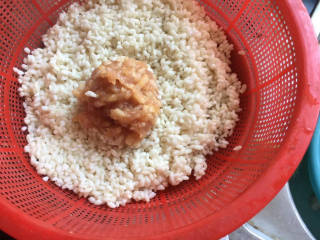 莲藕丸子,用勺子挖一勺肉馅放入糯米中滚一圈，均匀的裹上糯米