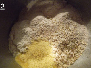 五谷丰登杂粮面包 ,水、捏碎的新鲜酵母、面包粉、全麦面粉、黑麦面粉放入厨房机