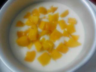 酸奶慕斯,取出冷藏的饼干底，倒入一半慕斯糊，将芒果铺在中间；