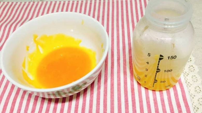 橙香蒸蛋,打散蛋黄液，同时取30ml橙汁+30ml温水搅拌均匀