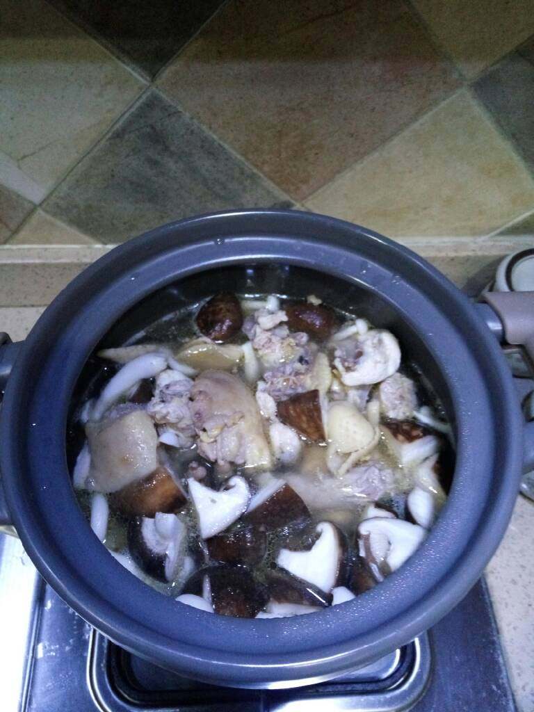 菌茹母鸡煲,整体下沙锅l先大火,汤开后转小火炖一个小时