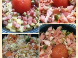 黑暗料理之整个番茄饭集锦,加入四川泡菜的整个番茄饭，配菜是土豆丁和豌豆。