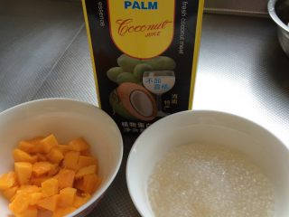 芒果椰汁西米露,捞出西米过筛，入凉水，再捞出备用，芒果切丁备用！