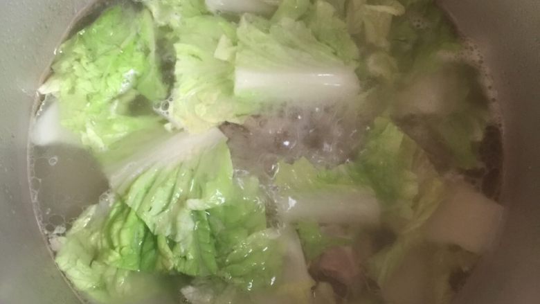 白菜骨头汤,汤煲好后打开放入青菜，加入盐糖鸡精，煮滚就好了