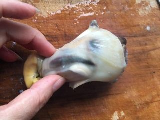 葱油海螺,手指的这条黑色部位给割了