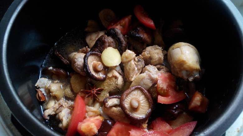 小鸡炖蘑菇,放入锅中炖制～加入西红柿姜蒜～大料干辣椒～