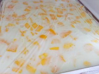 芒果椰汁糕,倒入容器里，下芒果粒，用保鲜纸包好放入冰箱冷冻30分钟左右.