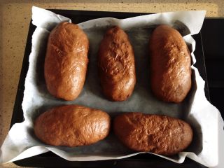 可可麻薯软欧包,发酵成小胖子。准备少许低筋粉。造型啦。