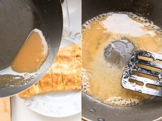 汁浇肉蛋烧,这时用筷子或者小铲子起下蛋皮，开始卷起来包裹住肉沫