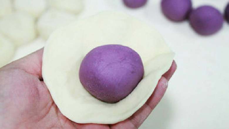 紫薯开花,
6. 先取一份白面团擀成圆形（无需中间厚四周簿），将紫薯面团包入其中

