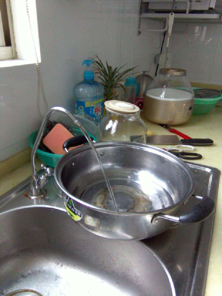 煮馄饨。,将纯净水倒进锅中。